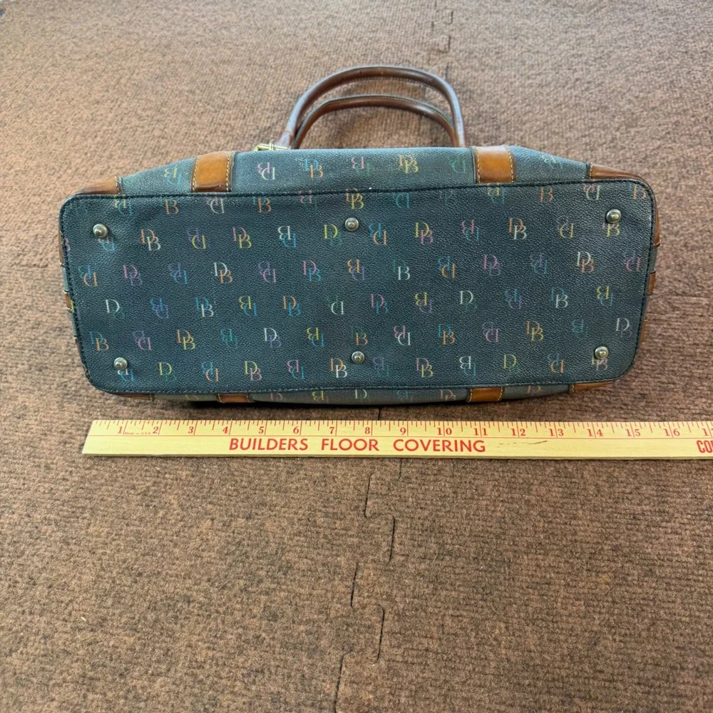 C+ Dooney & Bourke Rainbow Monogram Black Satchel Bag Leather Trim Heart Charm